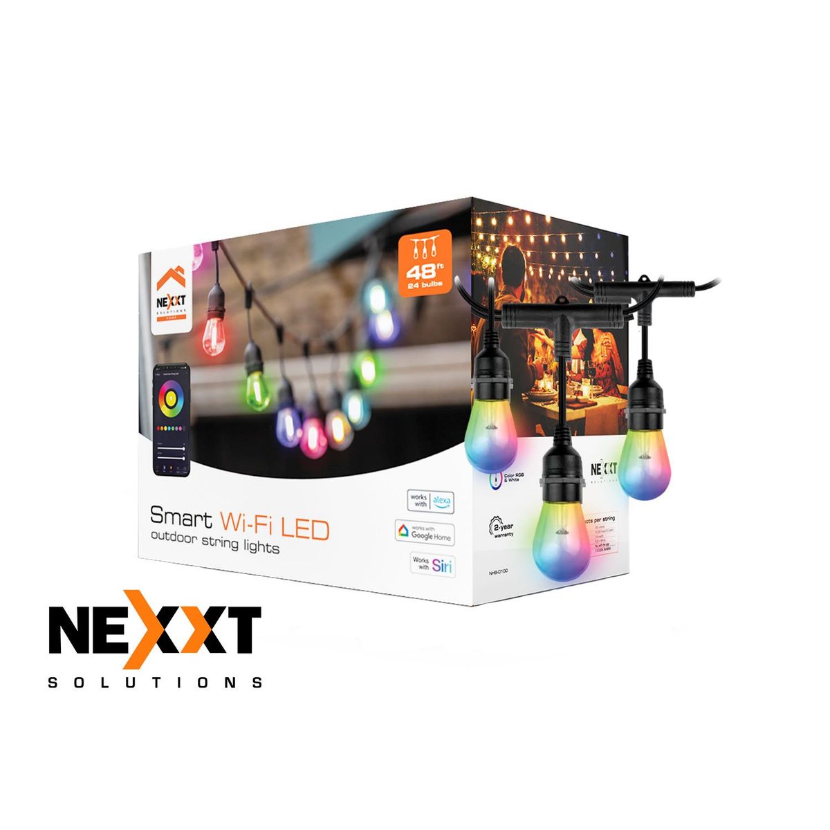 NEXXT SOLUTIONS - Guirnalda de luces Inteligente Nexxt NHB-O100 24 luces multicolor y blancas IP65