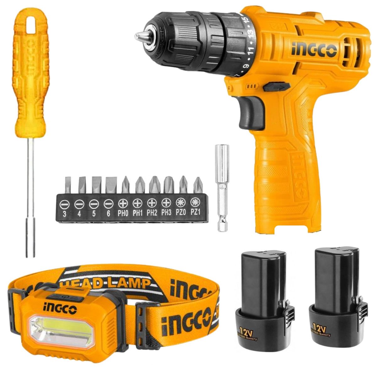 INGCO TOOLS - Kit Taladro inalámbrico 2 baterias 12V, linterna de cabeza, puntillas