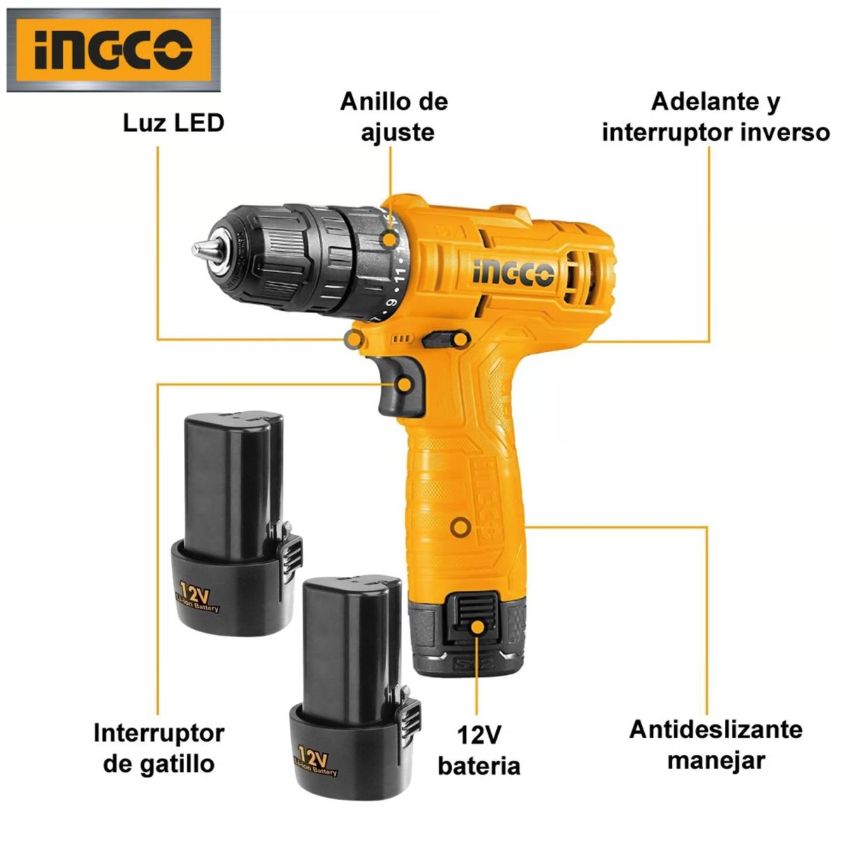 INGCO TOOLS - Kit Taladro inalámbrico 2 baterias 12V, linterna de cabeza, puntillas