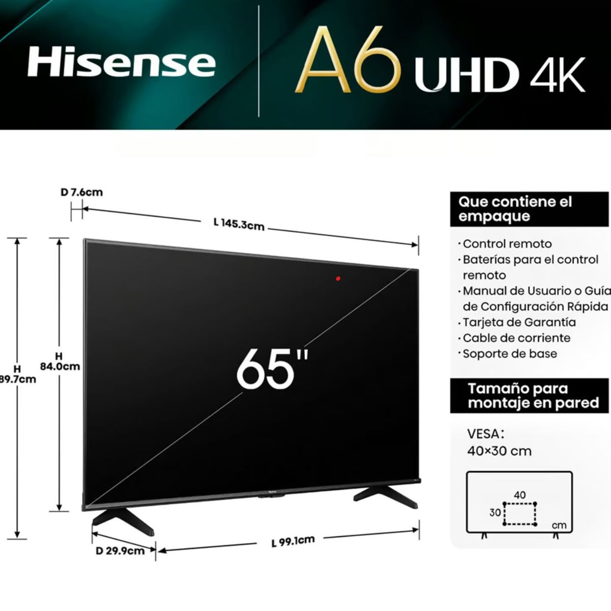HISENSE - Televisor Hisense 65 Pulg. LED Smart VIDAA Tv UHD 4K 65A6N (2024)