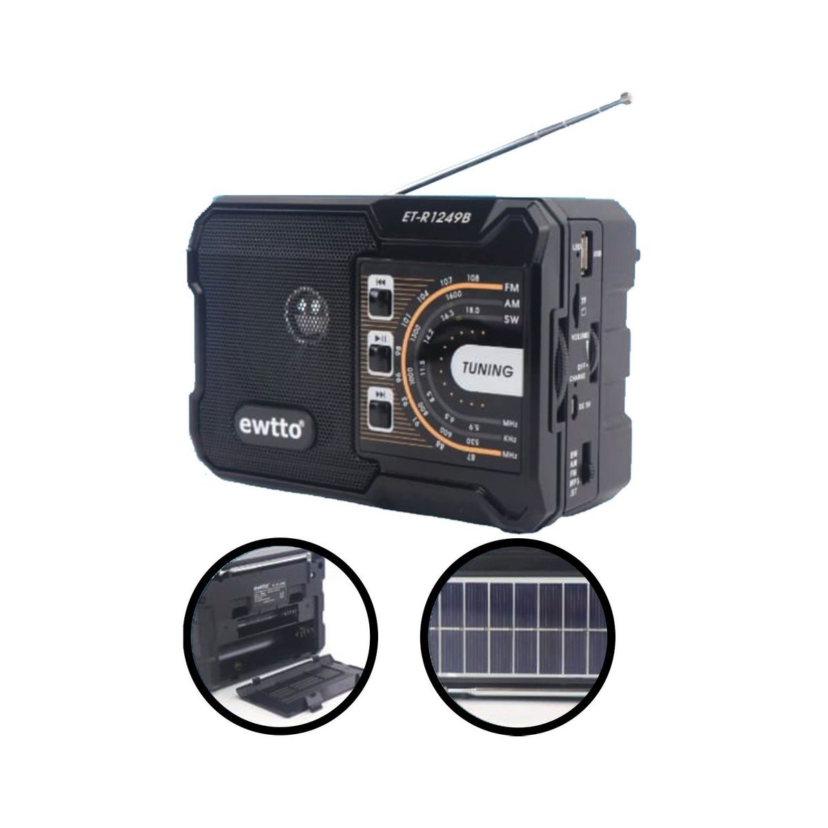 EWTTO - Radio Ewtto ET-R1249BS con Panel Solar Recargable y Bluetooth