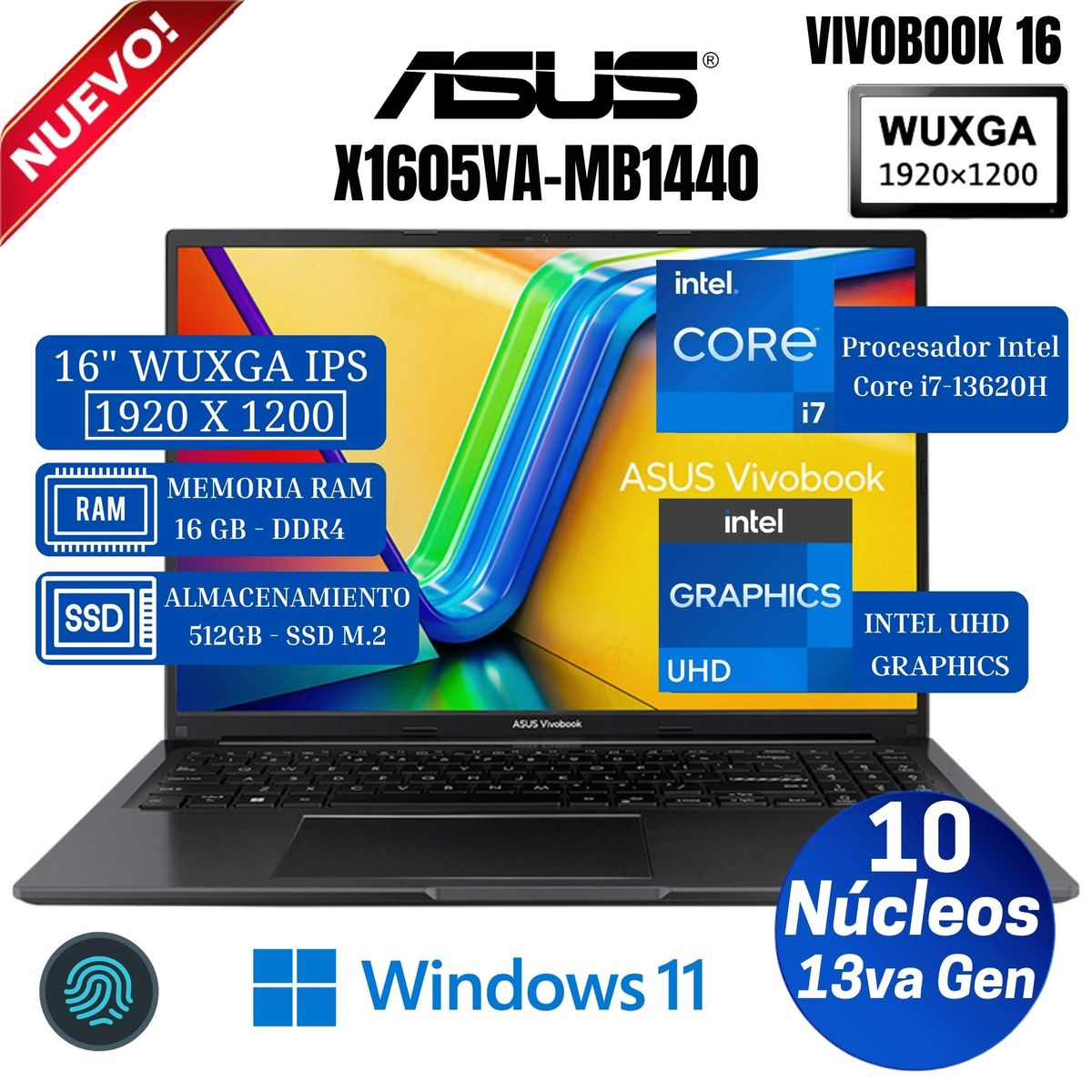 ASUS - Laptop Asus Vivobook X1605VA-MB1440 16” WUXGA IPS, Core i7-13620H, Ram 16GB, Ssd 512 GB, Win 11