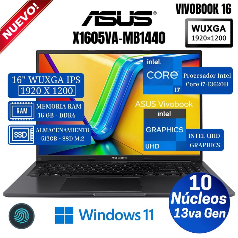 ASUS - Laptop Asus Vivobook X1605VA-MB1440 16” WUXGA IPS, Core i7-13620H, Ram 16GB, Ssd 512 GB, Win 11