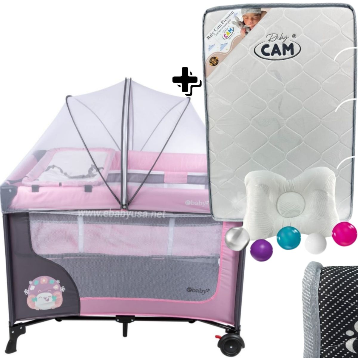 EBABY - Cuna Corral con Cambiador Happy Dream + Colchón para cuna
