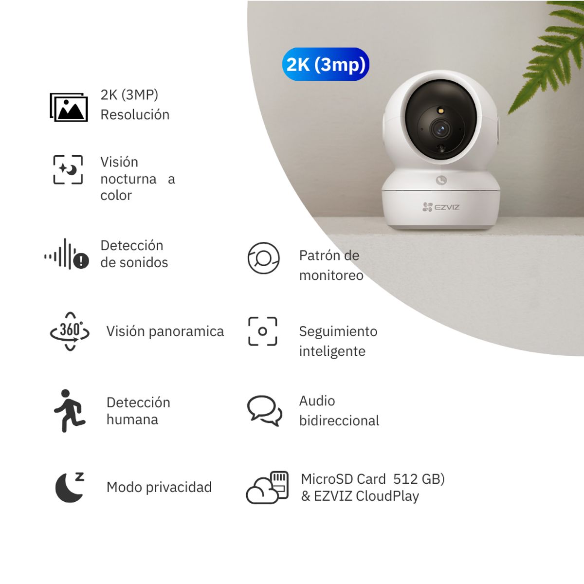EZVIZ - Cámara De Seguridad 360º Para Interiores H6C PRO 2k 3MP + Micro SD 64gb - Ezviz