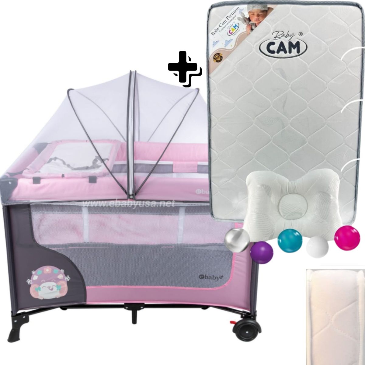 EBABY - Cuna Corral con Cambiador Happy Dream + Colchón para cuna