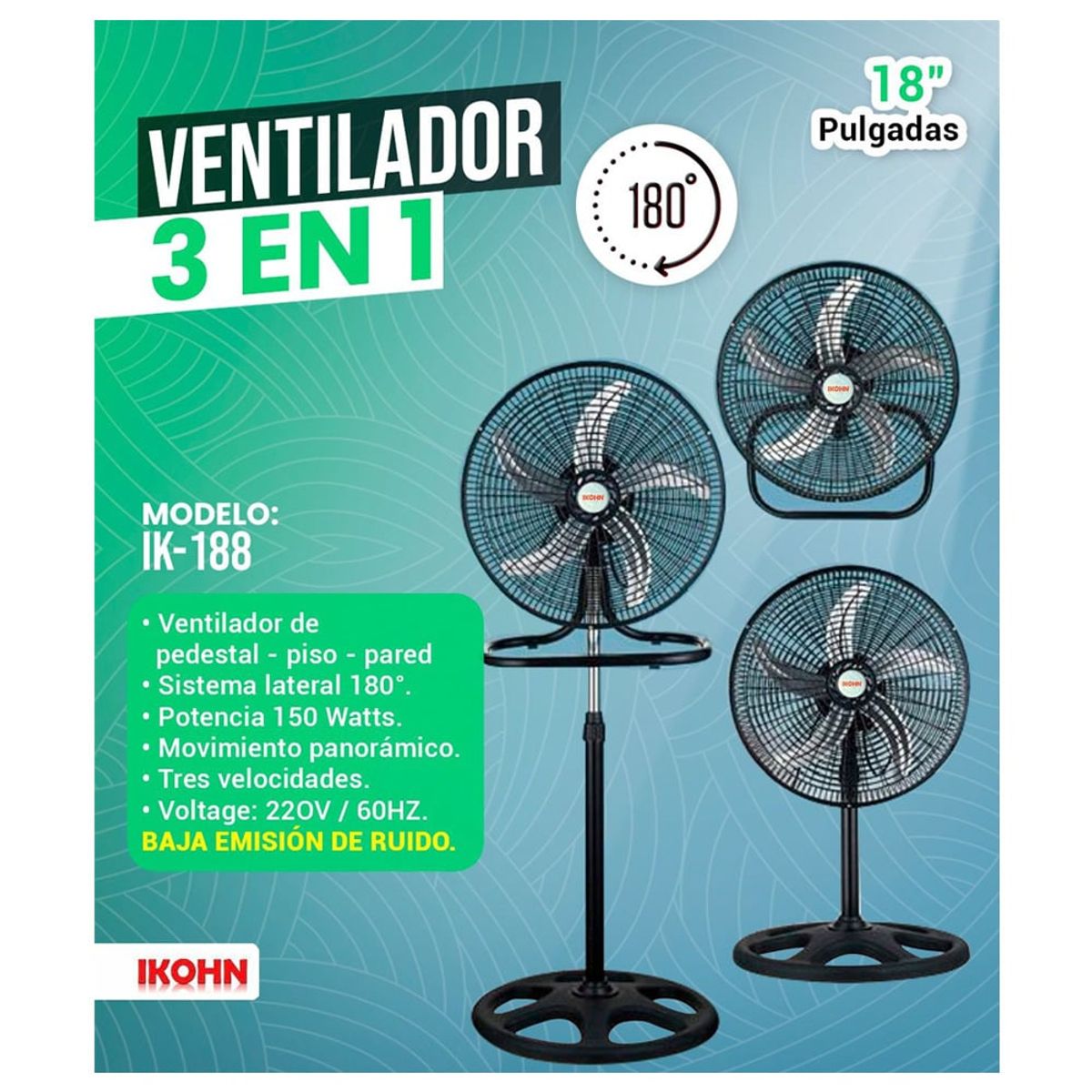 GENERICO - Ventilador giratorio IKOHN 3 en 1 / 150w IK-188