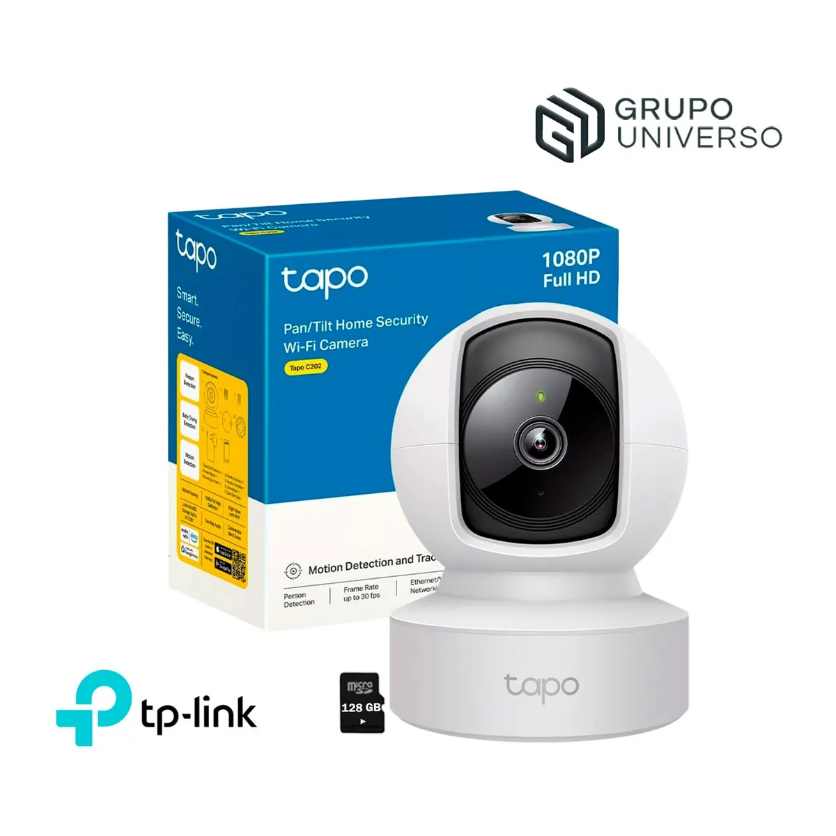 TP LINK - Cámara Vigilancia Tapo C202 FHD Comunicación 2 vías 360 Alarma+SD128GB