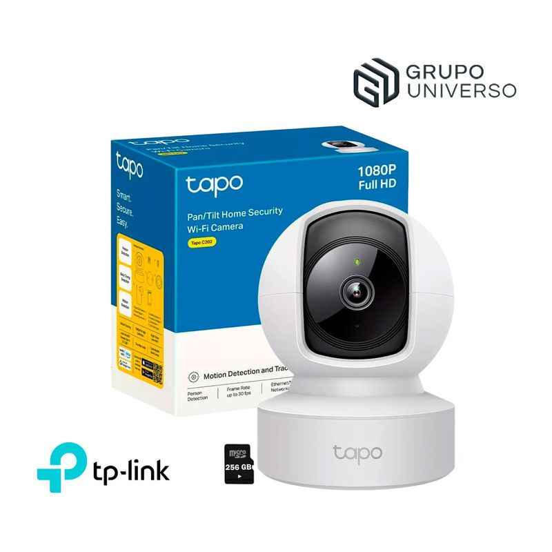 TP LINK - Cámara Vigilancia Tapo C202 FHD Comunicación 2 vías 360 Alarma+SD256GB