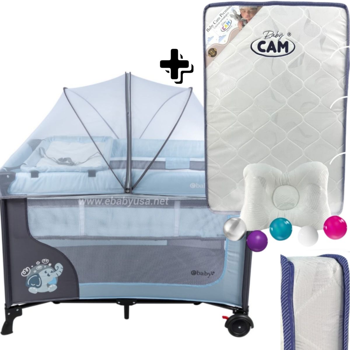 EBABY - Cuna Corral con Cambiador Happy Dream + Colchón para cuna