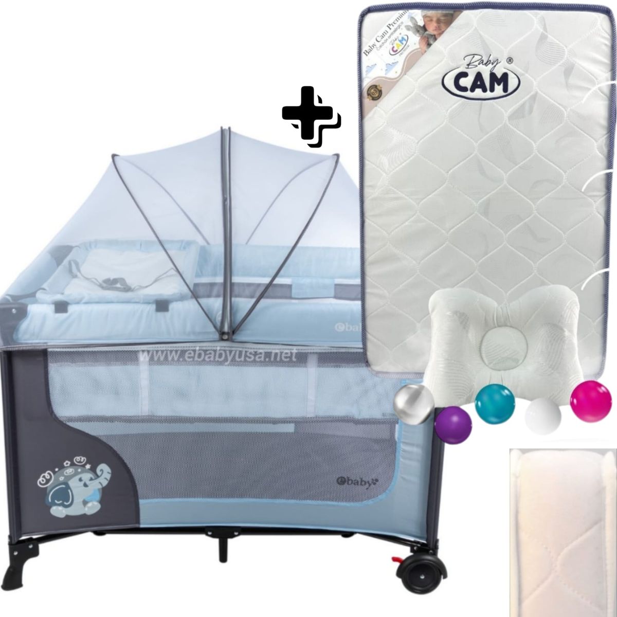 EBABY - Cuna Corral con Cambiador Happy Dream + Colchón para cuna