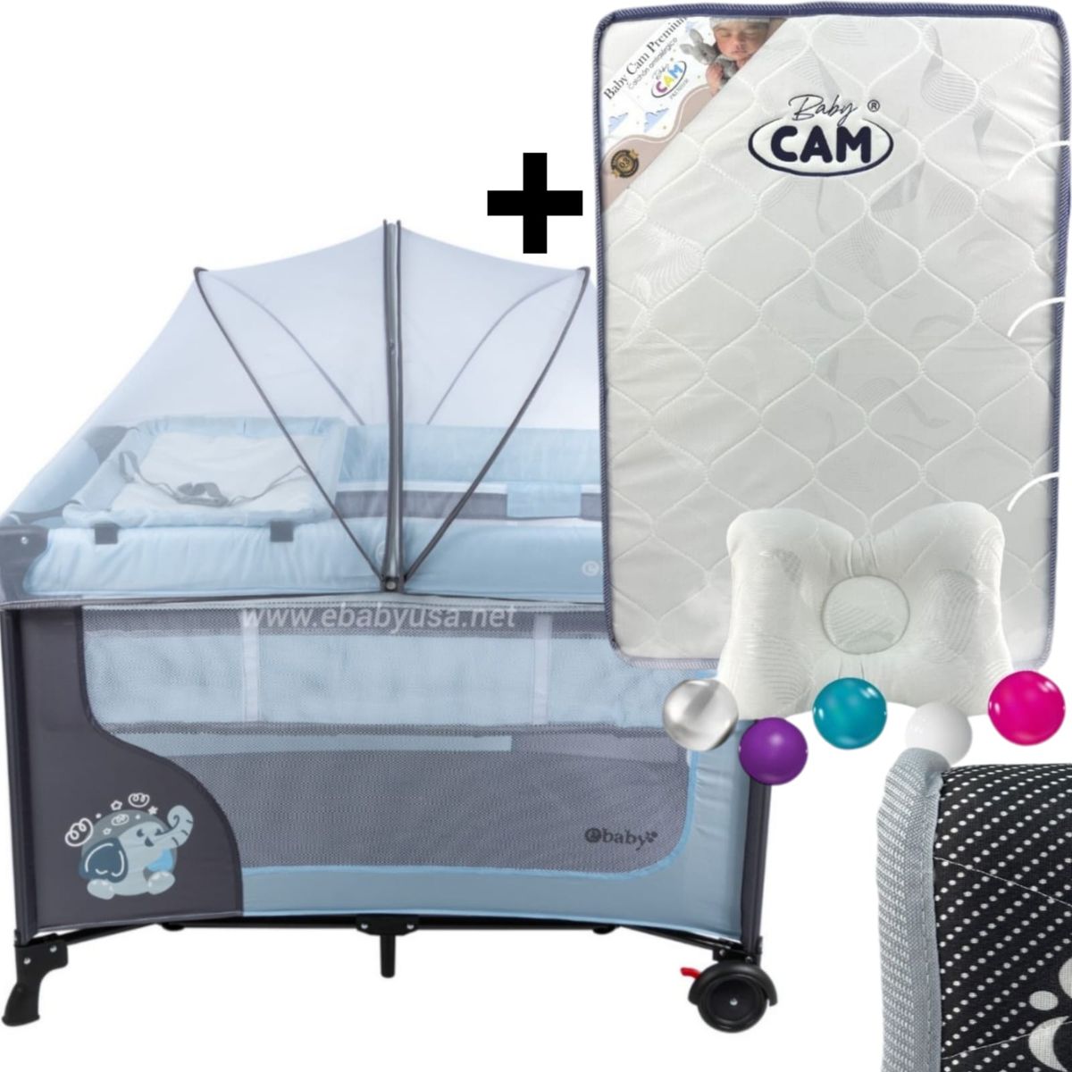 EBABY - Cuna Corral con Cambiador Happy Dream + Colchón para cuna