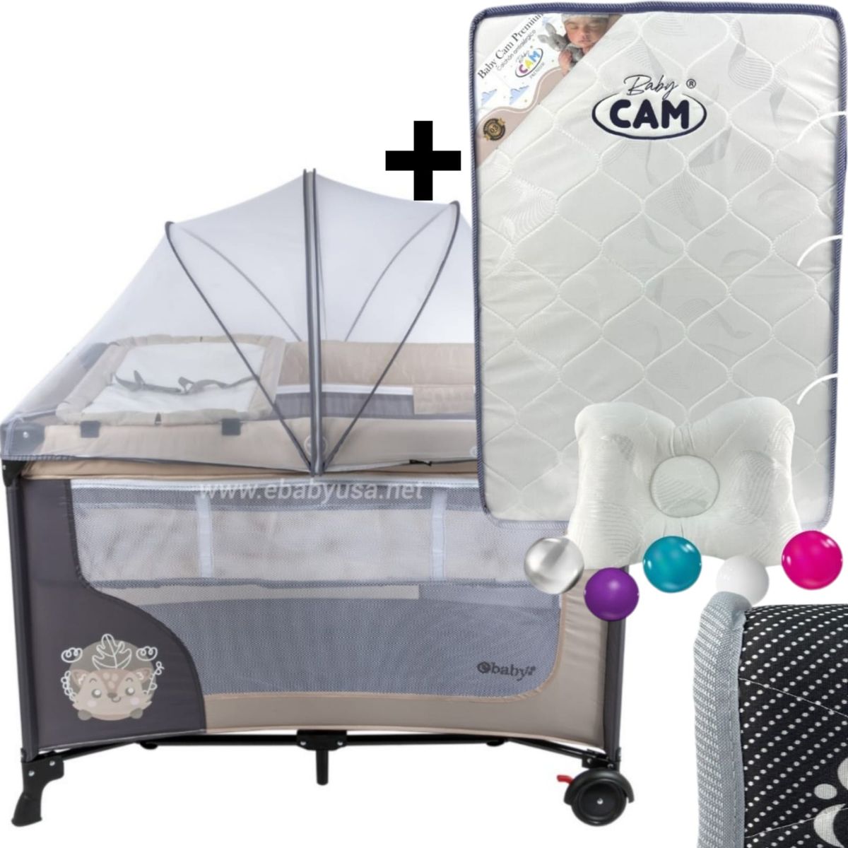 EBABY - Cuna Corral con Cambiador Happy Dream + Colchón para cuna