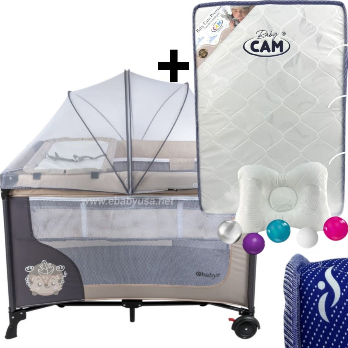EBABY - Cuna Corral con Cambiador Happy Dream + Colchón para cuna
