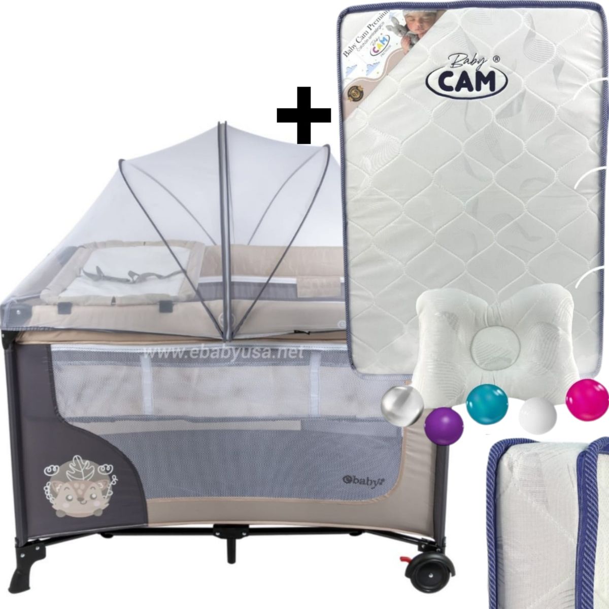 EBABY - Cuna Corral con Cambiador Happy Dream + Colchón para cuna