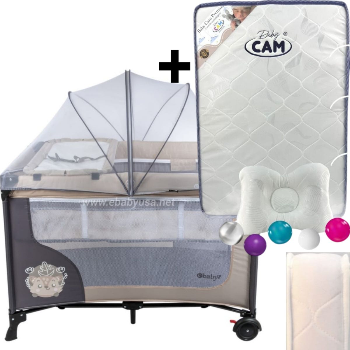 EBABY - Cuna Corral con Cambiador Happy Dream + Colchón para cuna
