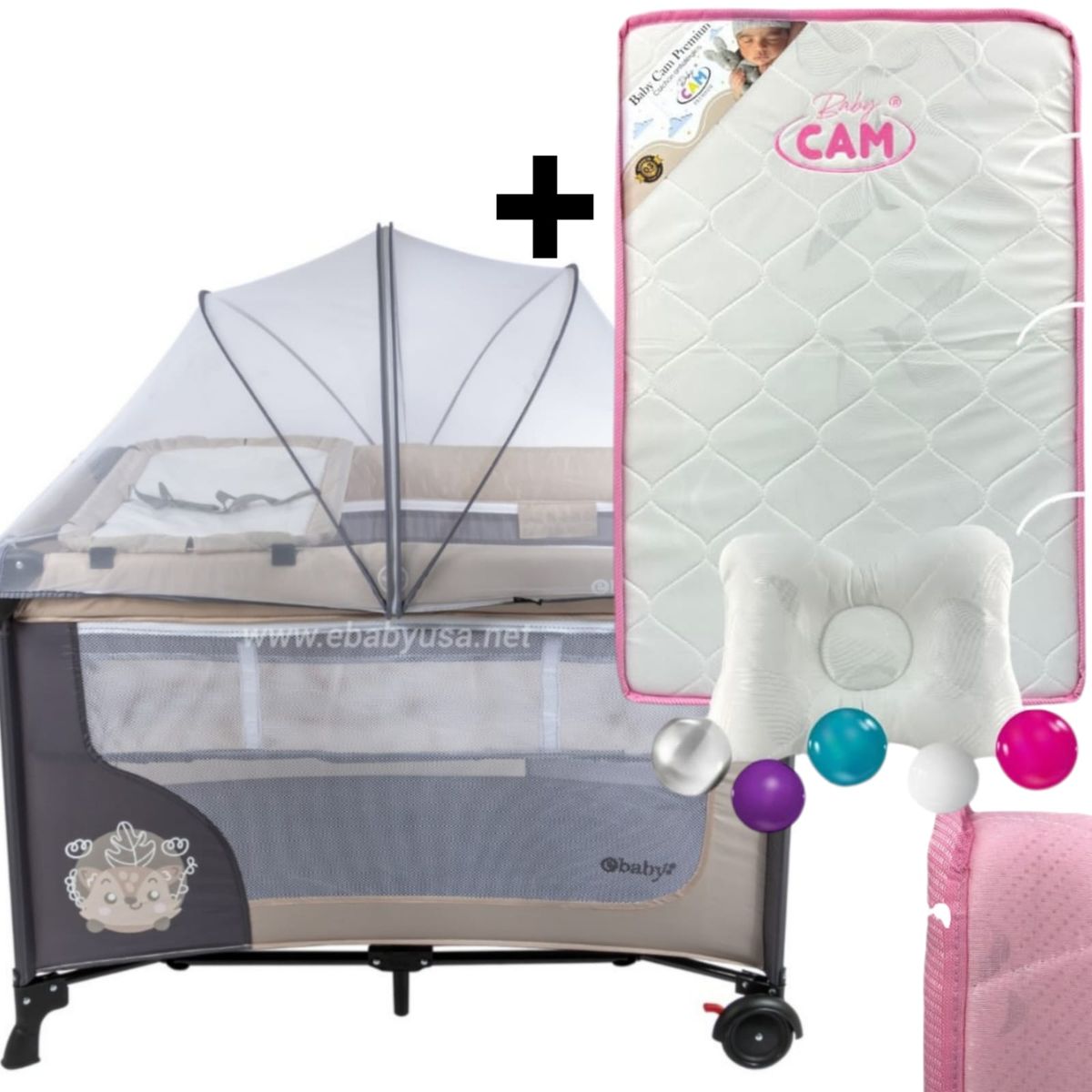 EBABY - Cuna Corral con Cambiador Happy Dream + Colchón para cuna