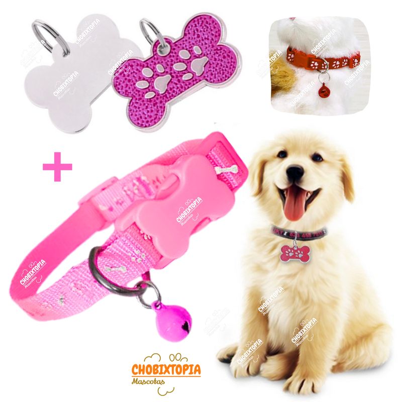 GENERICO - PLACA Y COLLAR PARA MASCOTAS CON CASCABEL - ROSADO y FUCSIA