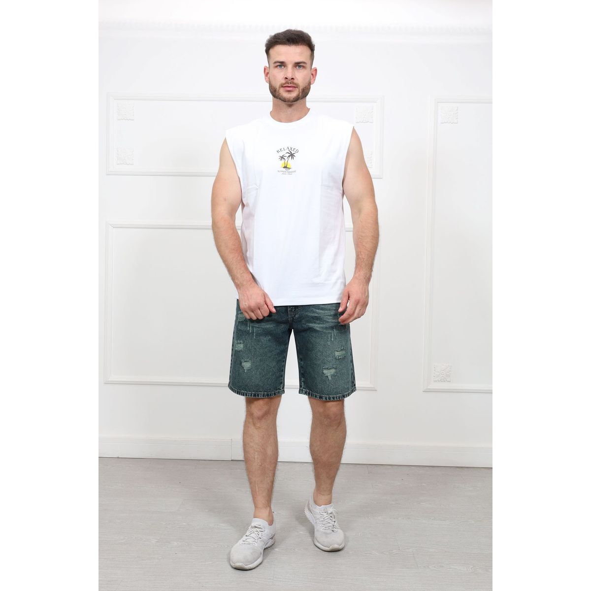 QH - Bermuda de jean rasgado para hombre