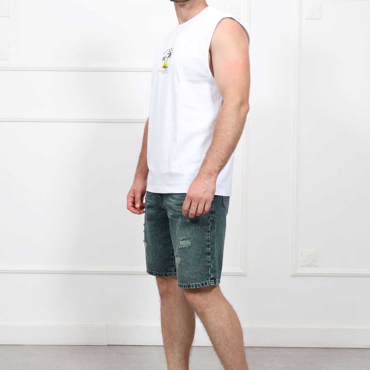 QH - Bermuda de jean rasgado para hombre