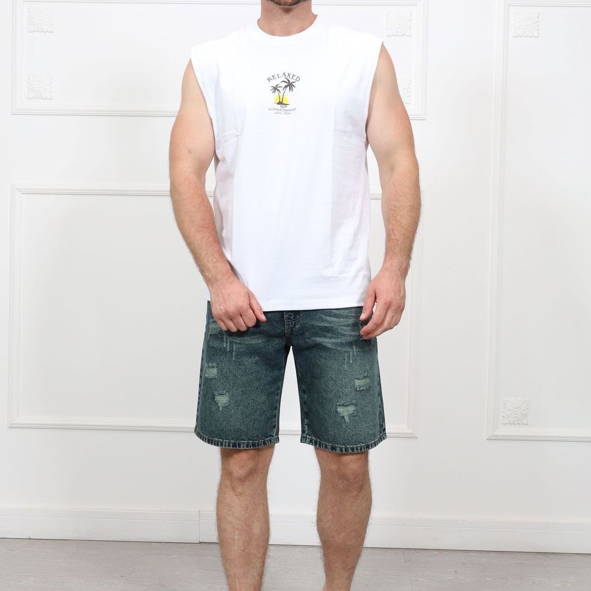 QH - Bermuda de jean rasgado para hombre