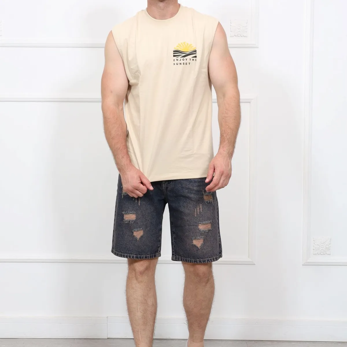 QH - Bermuda de jean rasgado para hombre