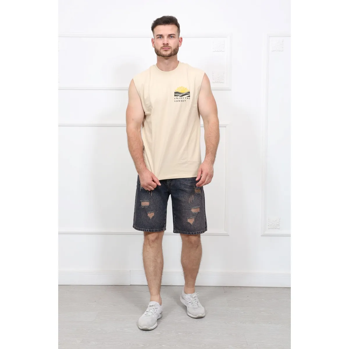 QH - Bermuda de jean rasgado para hombre