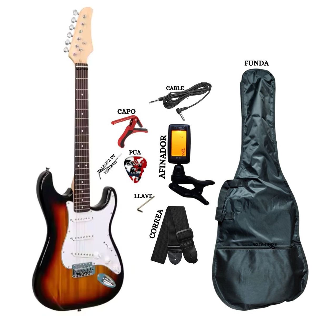 GENERICO - Guitarra Eléctrica sunburst con Afinador funda &accesorios
