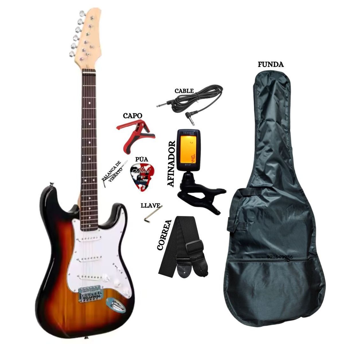 GENERICO - Guitarra Eléctrica sunburst con Afinador funda &accesorios