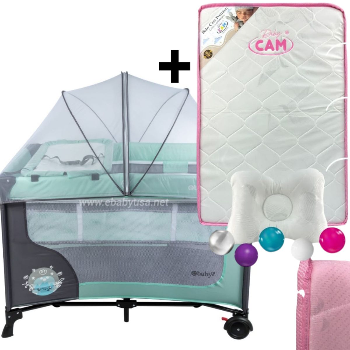 EBABY - Cuna Corral con Cambiador Happy Dream + Colchón para cuna