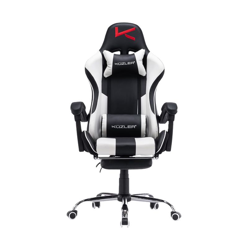 KUZLER - Silla Gamer Kuzler Negra Blanco masajeador reposapiés y base metálica