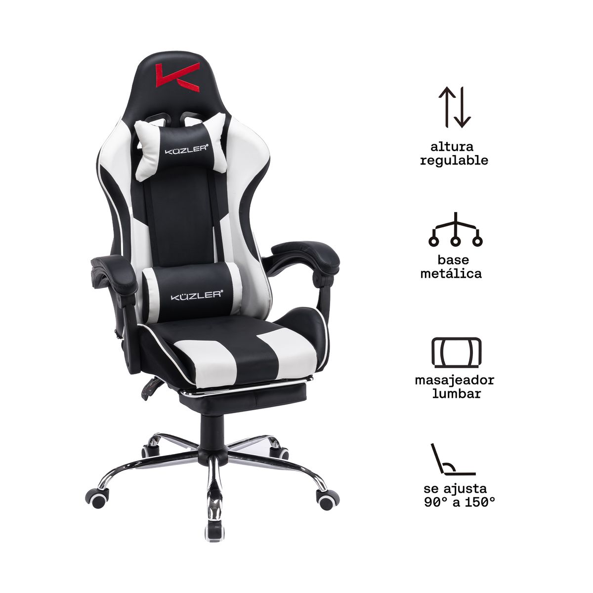 KUZLER - Silla Gamer Kuzler Blanca Masajeador Lumbar Reposapiés y Base Metálica RIK-101B