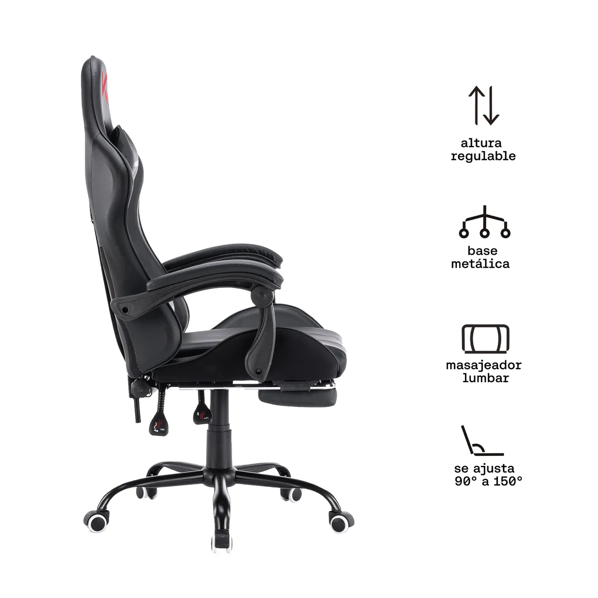 KUZLER - Silla Gamer Kuzler Negra Masajeador Lumbar Reposapiés y Base Metálica RIK-101N