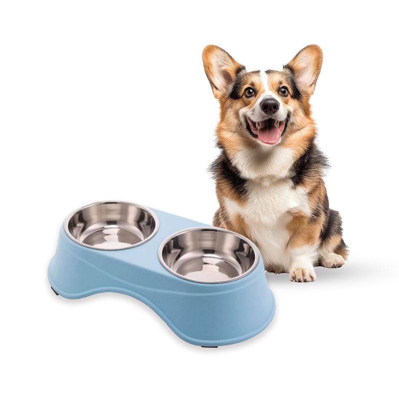 S&T - Comedero Elevado Doble Para Mascota Acero Inoxidable Celeste