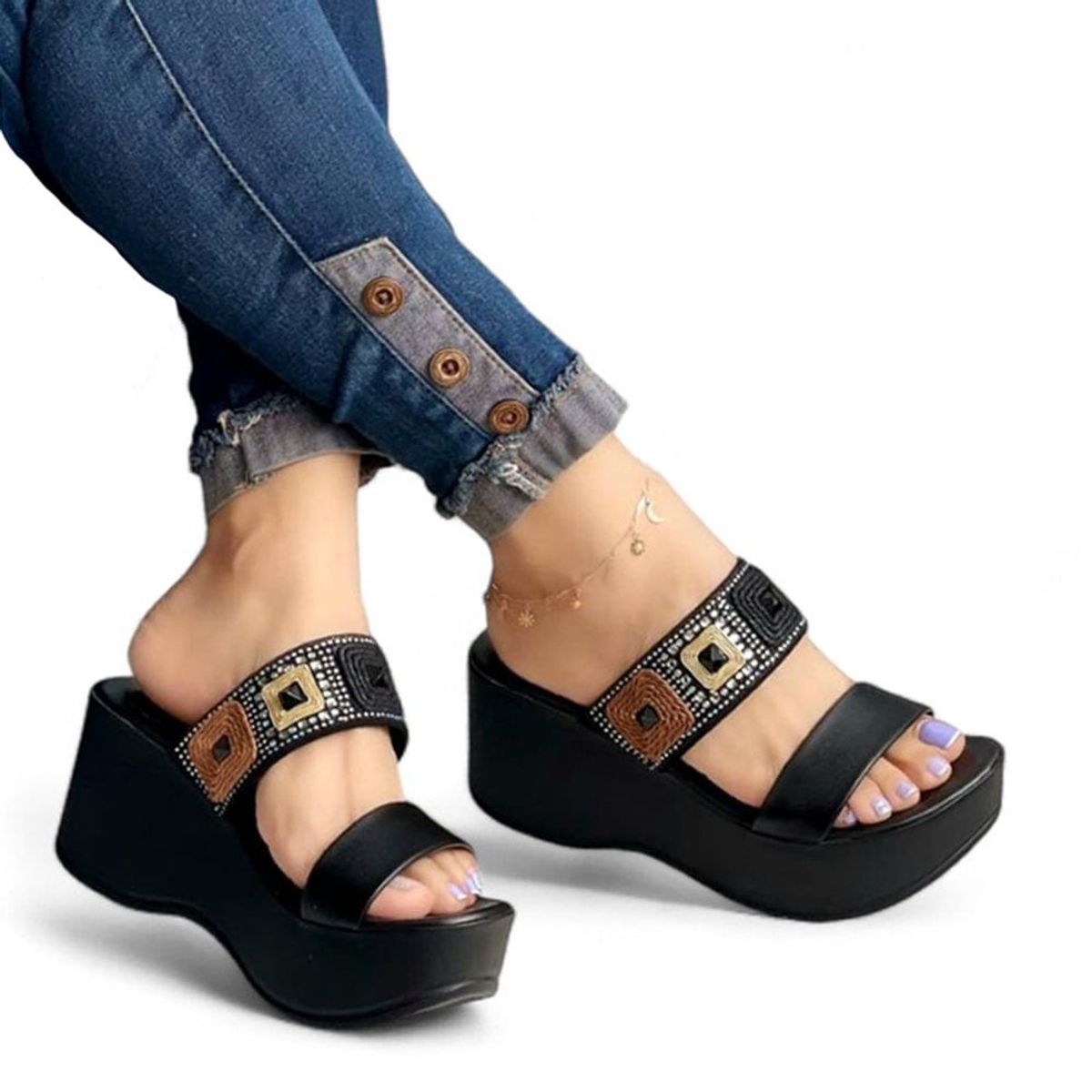 GENERICO - Sandalia mujer bohemia con plataforma 11775C-55 cuña 7 color Negro.-