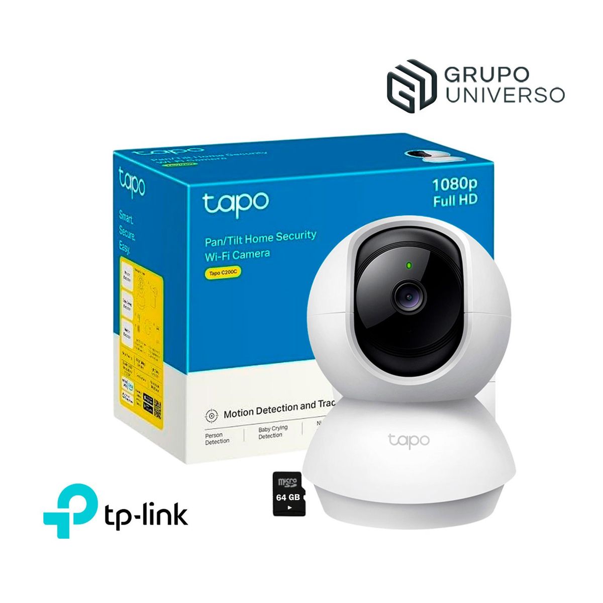 TP LINK - Cámara Vigilancia WiFi Tapo C200C FHD Comunicación 2 vías 360 + SD64GB