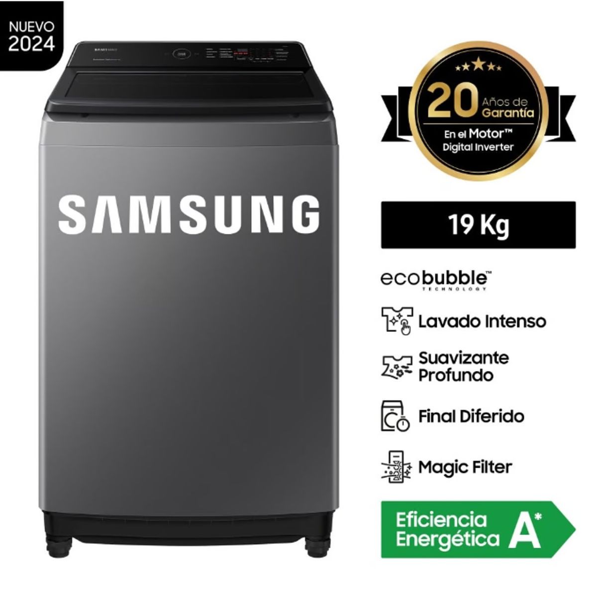 SAMSUNG - Lavadora Samsung 19 Kg Eco Bubble WA19CG6441BDPE Gris