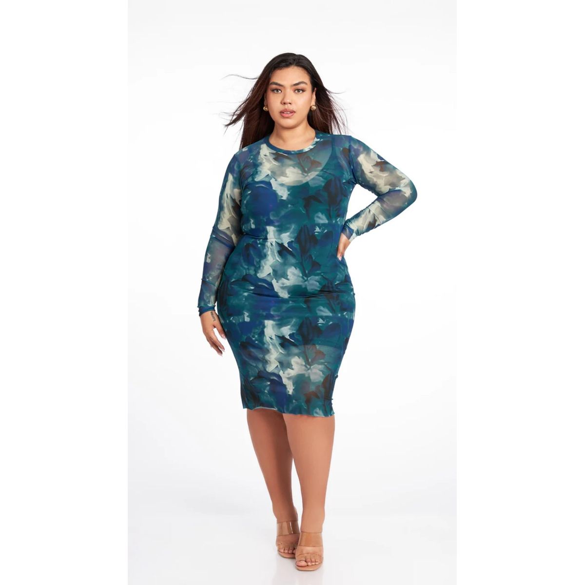 MISS LADY - Vestido de Tul Manga Larga Ocean + vestido interno de forro