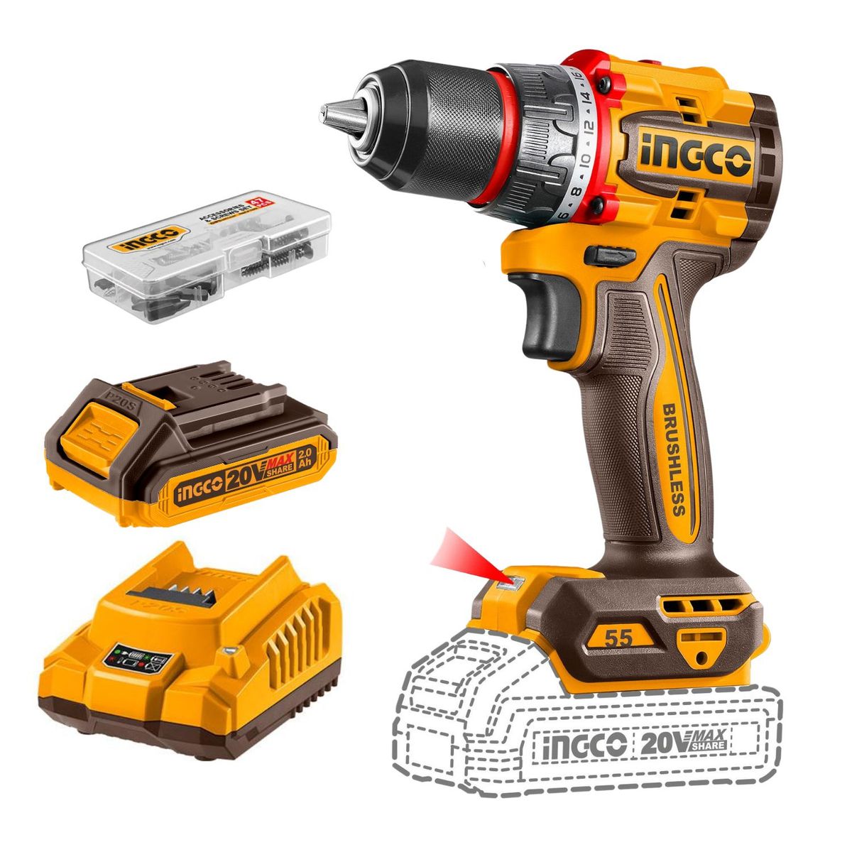 INGCO TOOLS - Taladro atornillador 55nm incluye bateria y cargador Ingco