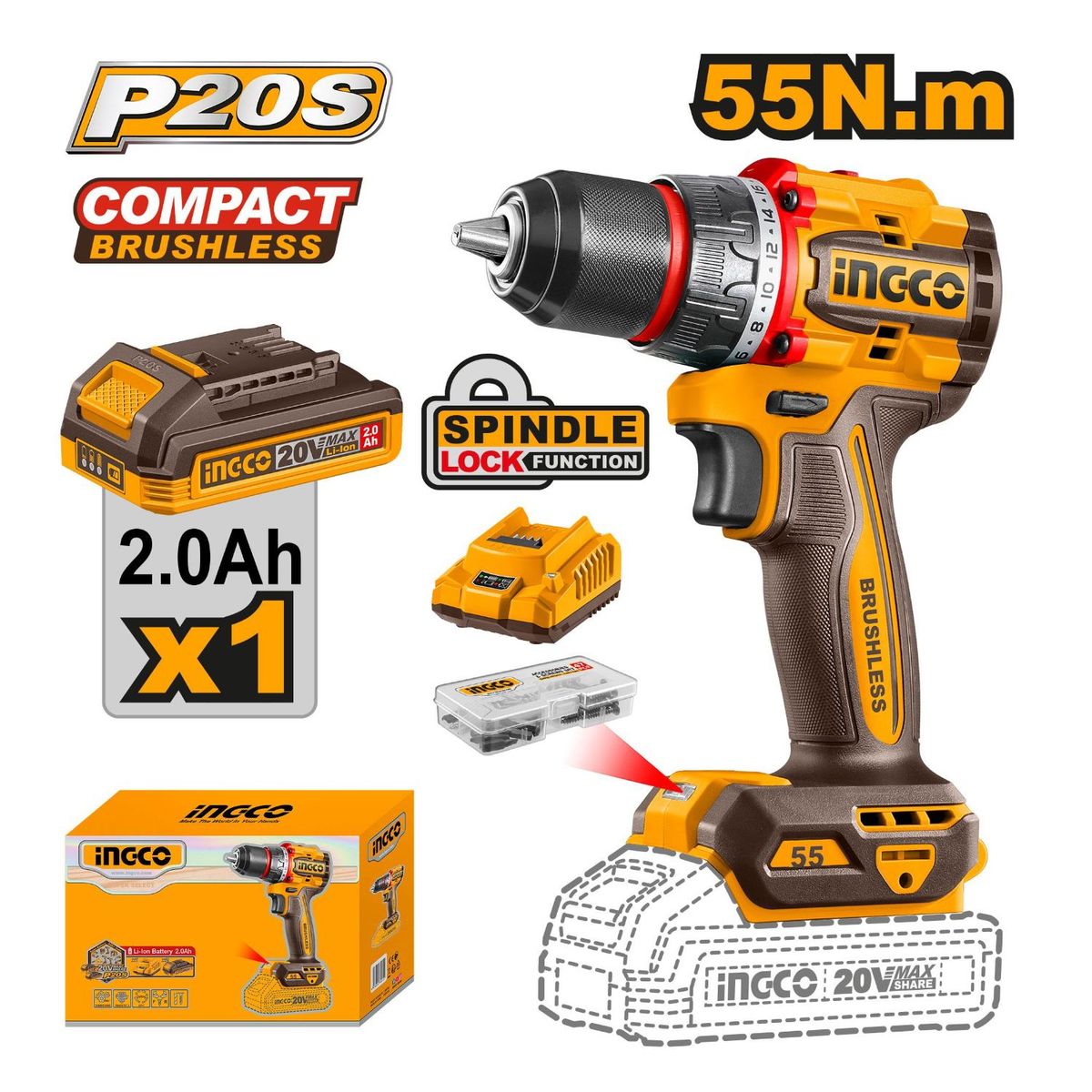 INGCO TOOLS - Taladro atornillador 55nm incluye bateria y cargador Ingco