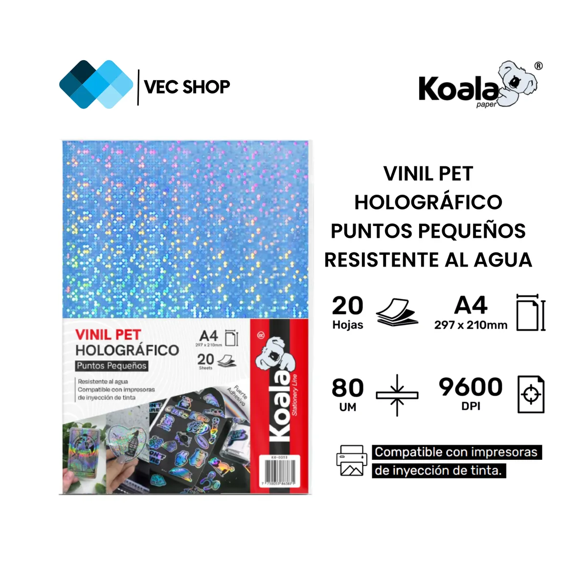 KOALA - Vinil PET Holográfico Puntos Pequeños A4 20 Hojas