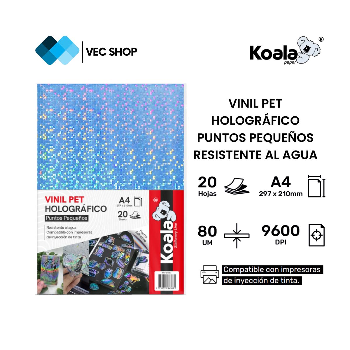 KOALA - Vinil PET Holográfico Puntos Pequeños A4 20 Hojas