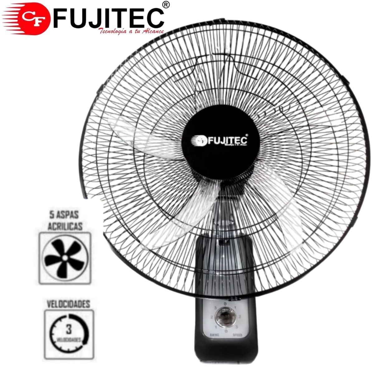 FUJITEC - Ventilador de pared 16" de 5 Aspas 55Watts NEGRO