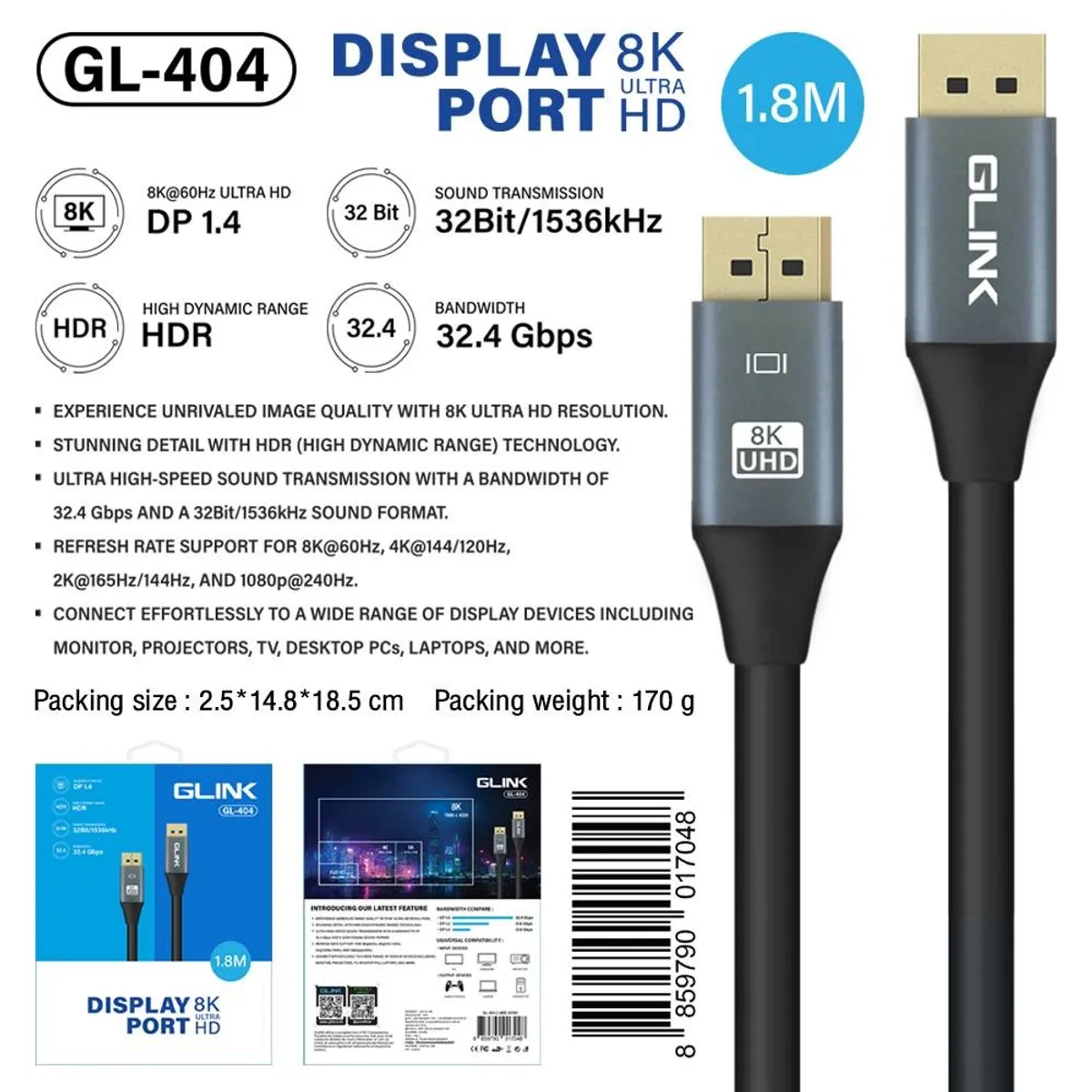 AMERICAN NET - Cable DisplayPort 1.4 240hz 1.8 M Glink