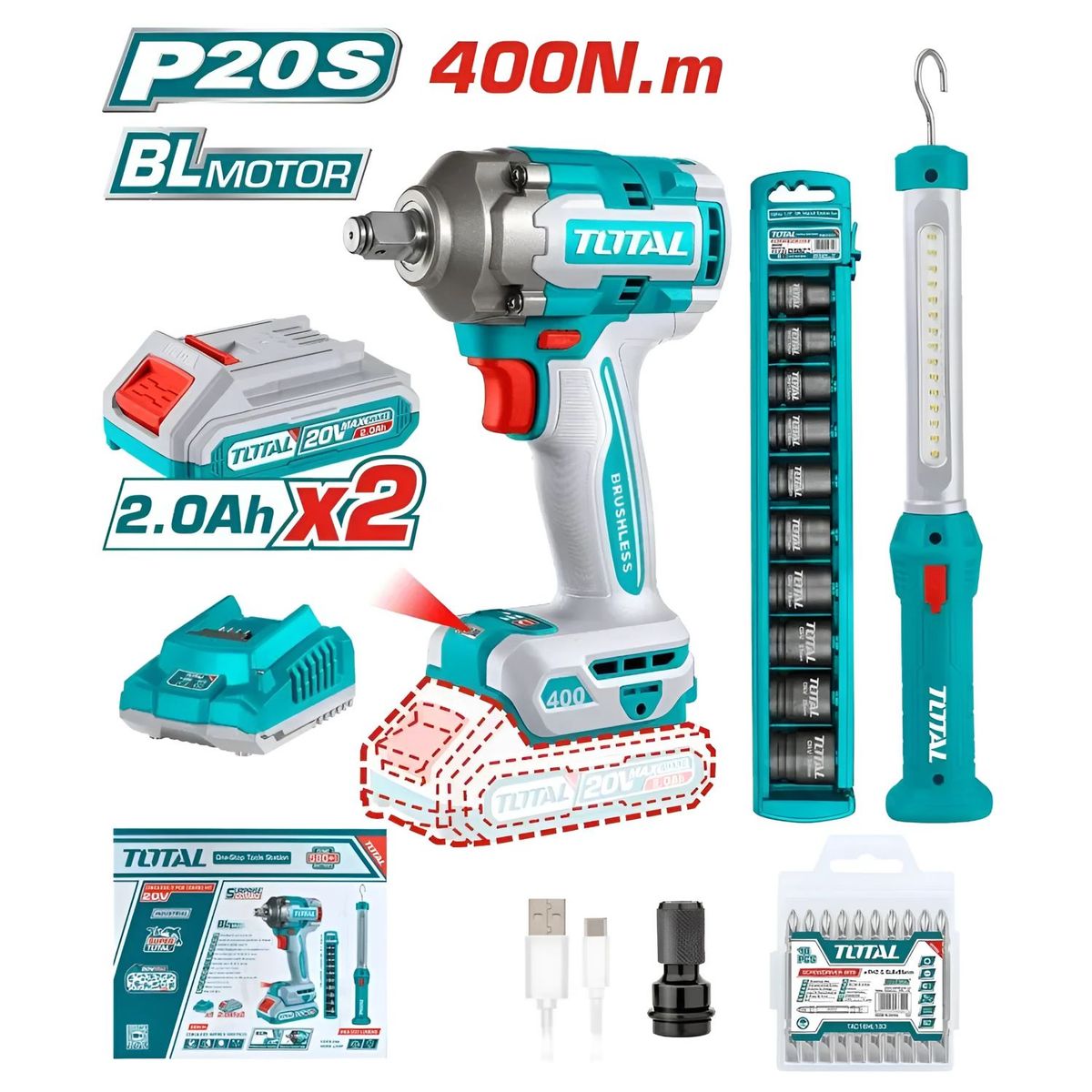 TOTAL TOOLS - LLAVE DE IMPACTO 400NM 20V + DADOS IMPACTO +LÁMPARA-TOSLI23048