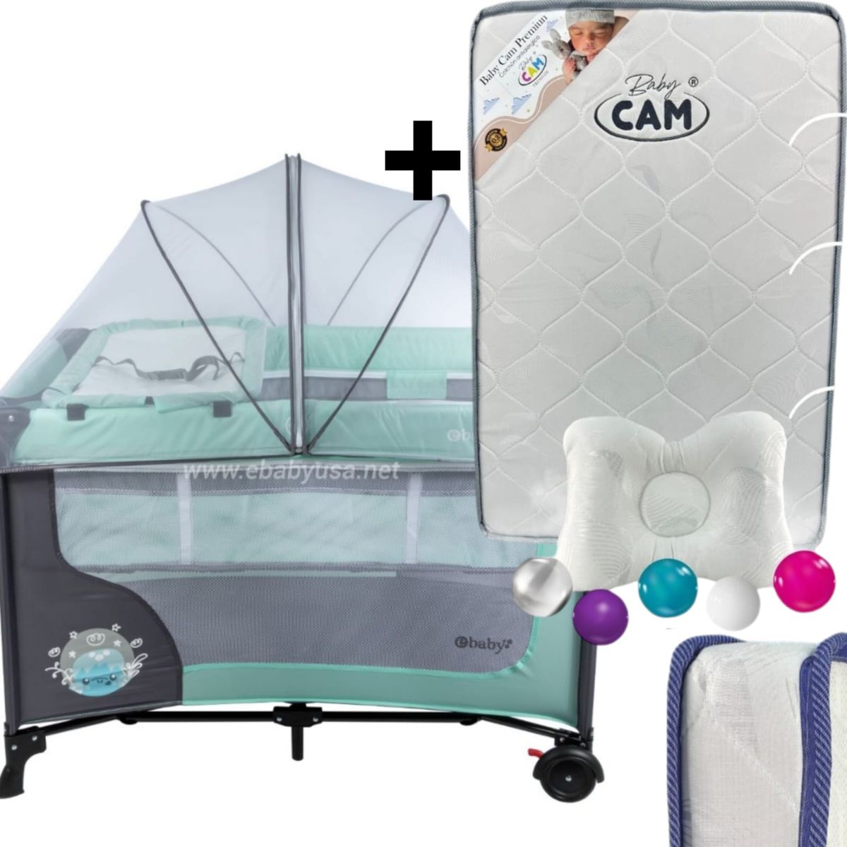 EBABY - Cuna Corral con Cambiador Happy Dream + Colchón para cuna