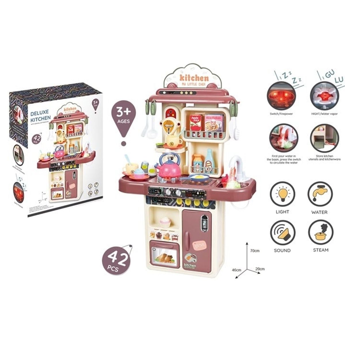 GENERICO - Cocina para Niños Vapor, Luz y Agua 70 cm con 42 piezas