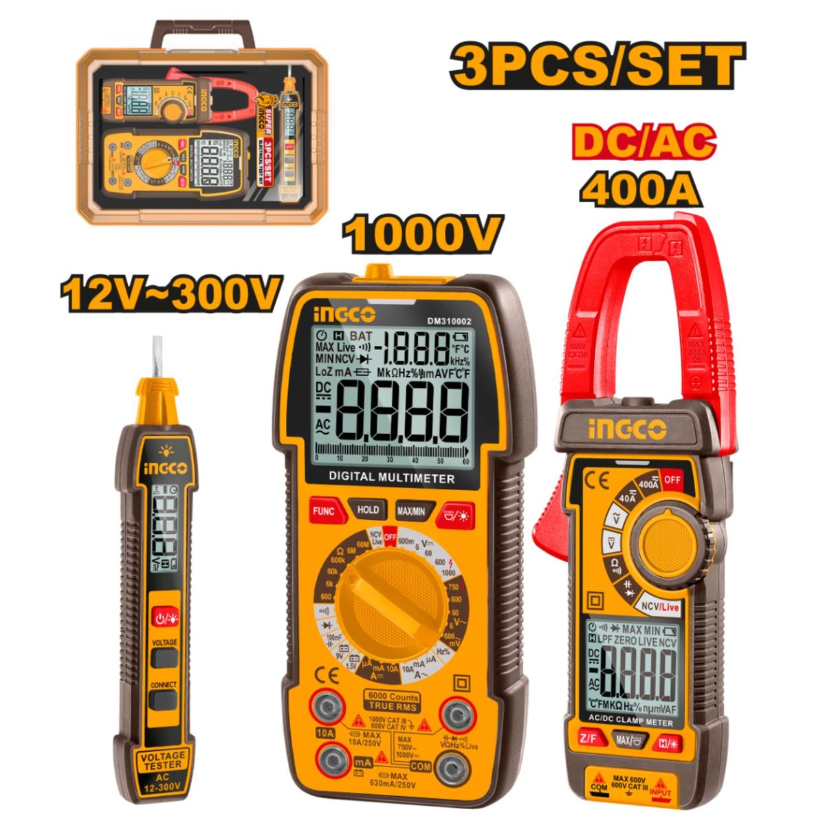 INGCO TOOLS - KIT MULTIMETRO TESTER PINZA AMP INDUSTRIAL Y DETECTOR  DE CORRIENTE