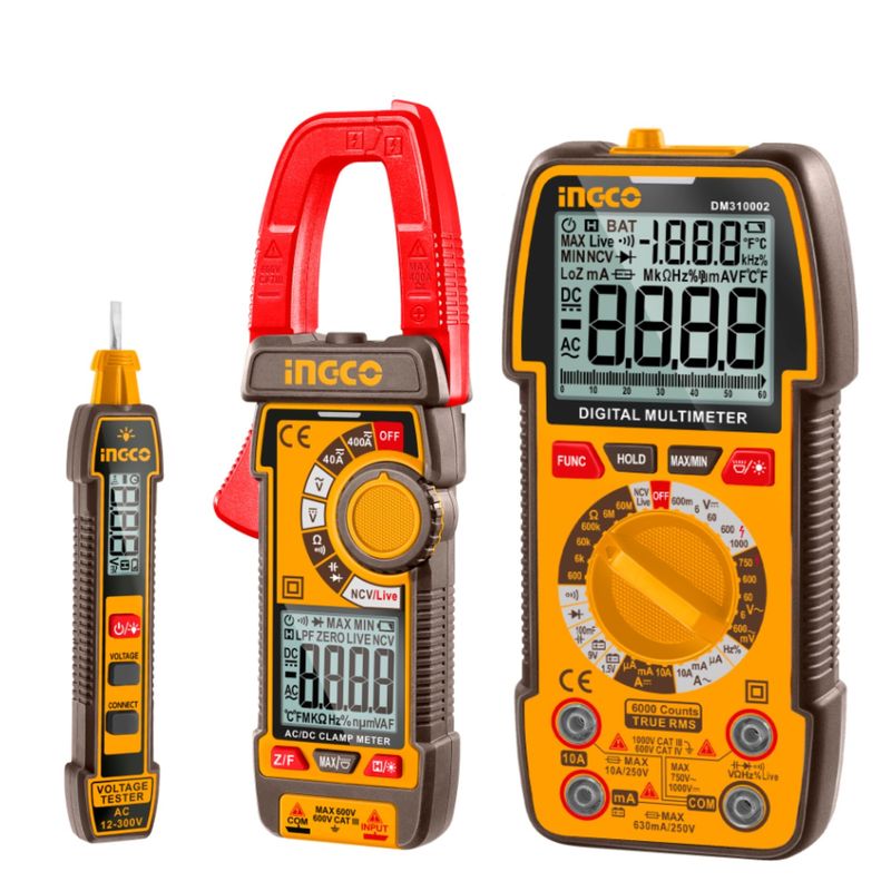 INGCO TOOLS - KIT MULTIMETRO TESTER PINZA AMP INDUSTRIAL Y DETECTOR  DE CORRIENTE