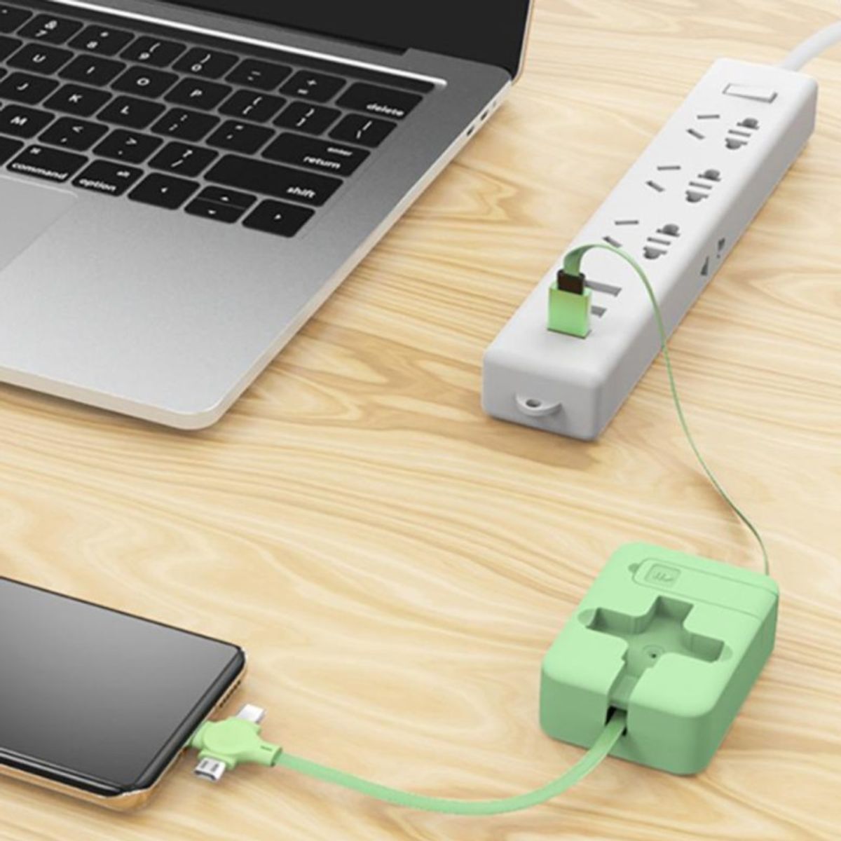 AURELA - TriCharge™ - Cargador 3 en 1 con Cable Retráctil y Soporte